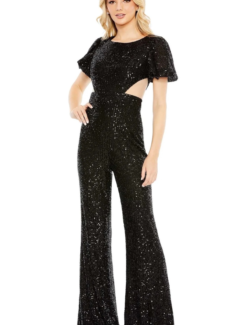 NWT Mac Duggal 11273 Black Sequin Puff Shoulder Illusion Cutout Jumpsuit Size 2